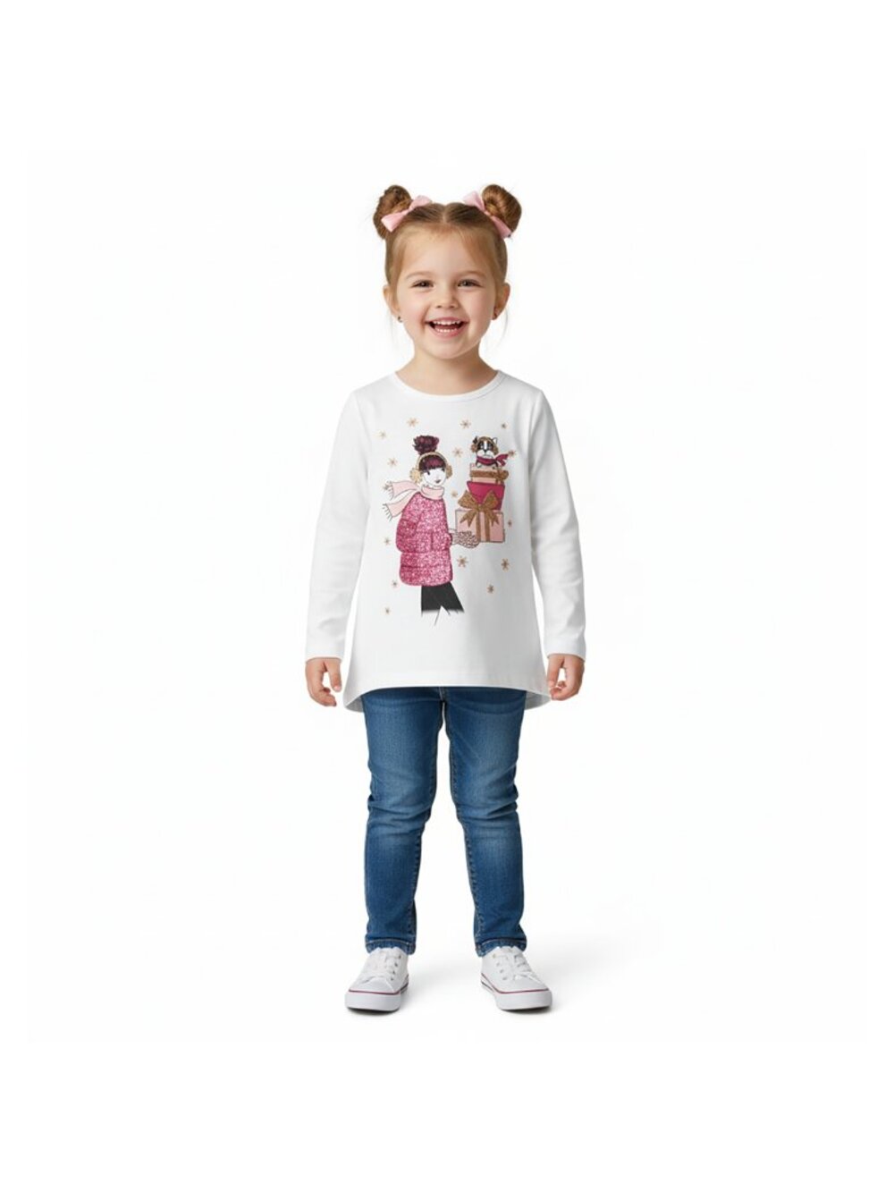 The Children’s Place Girls' White Holiday Shirt Long Sleeve T-shirt Size M (7/8)
